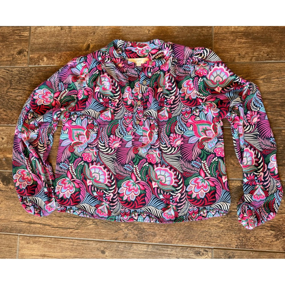 LOFT Womens Small Floral Paisley Button Front Long Sleeve Blouse Top‎